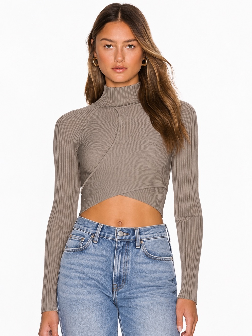Jonathan Simkhai Camila Cutout Turtleneck Top Ribbed Stretch in Otter Large NWT